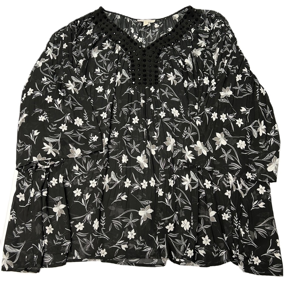 Woman Within Tunic Top 3X Floral V Neck 3/4 Bell Slvs Beaded Semi Sheer